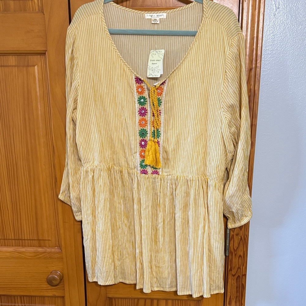 Studio West Mustard Striped Tunic with Floral Accents tassel tie